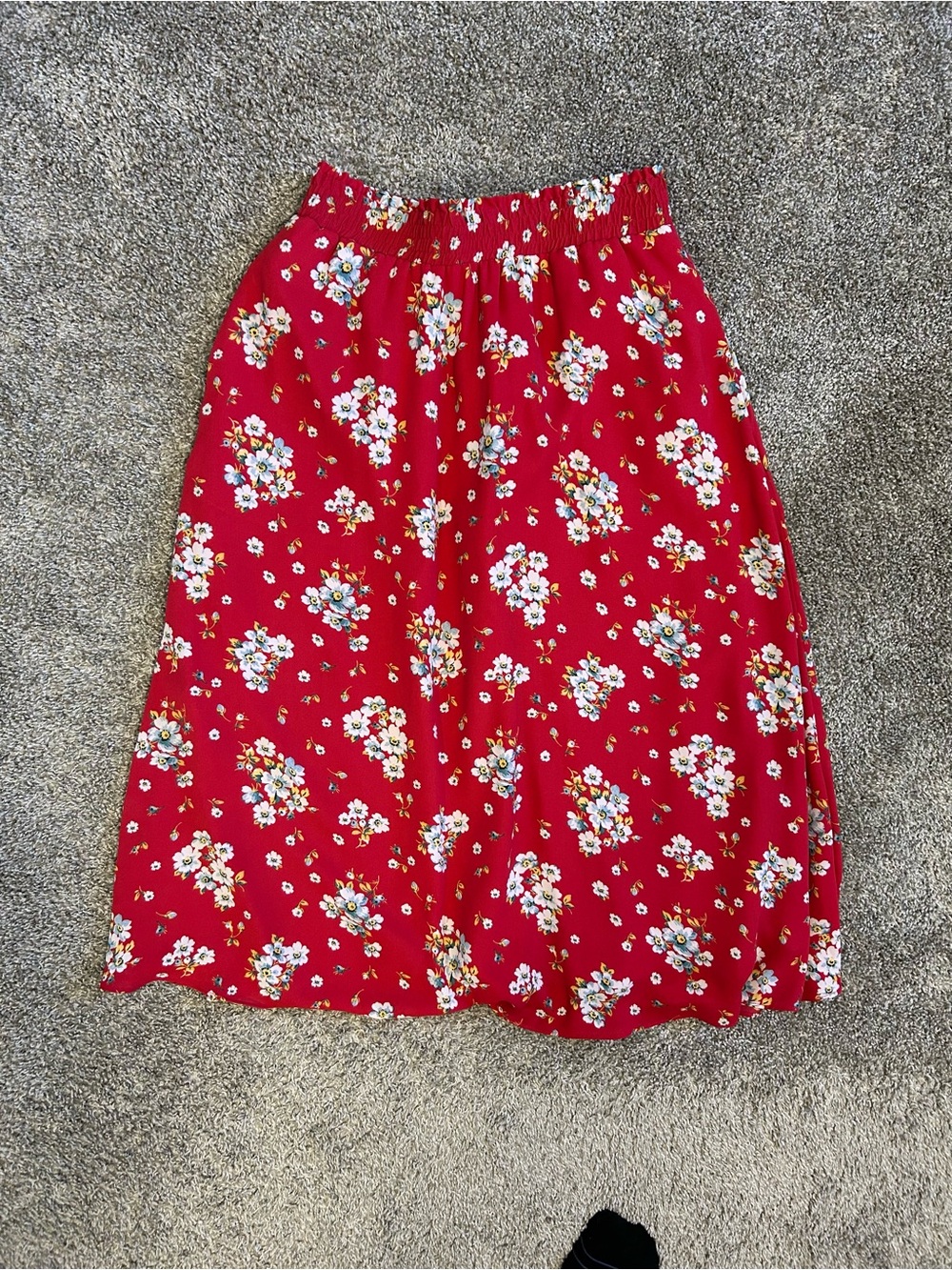 Loft Red Floral Midi Skirt Elastic Waist Pockets